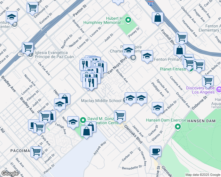map of restaurants, bars, coffee shops, grocery stores, and more near 11150 Glenoaks Boulevard in Los Angeles