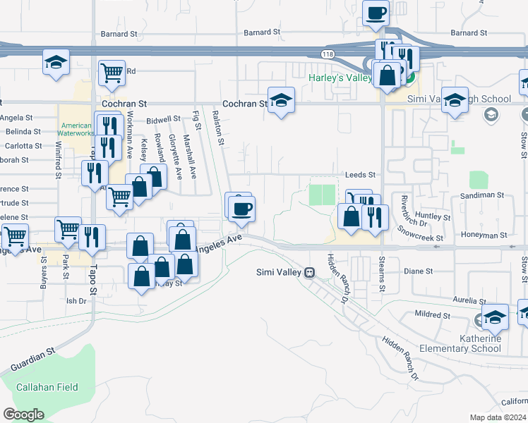 map of restaurants, bars, coffee shops, grocery stores, and more near 2109 Jarrod Court in Simi Valley