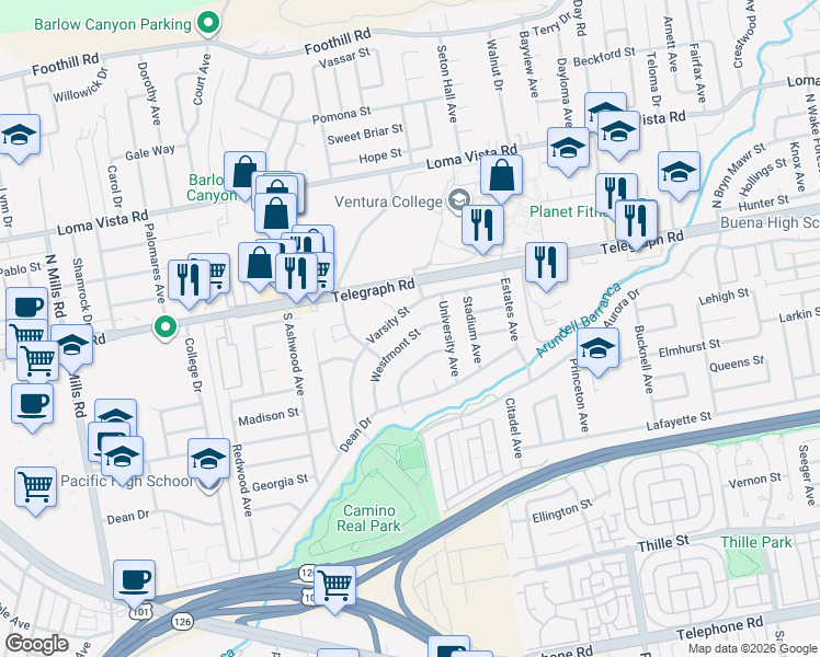map of restaurants, bars, coffee shops, grocery stores, and more near 4457 Westmont Street in Ventura