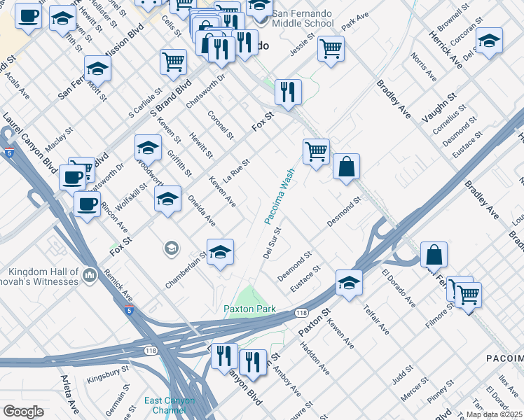map of restaurants, bars, coffee shops, grocery stores, and more near 13954 Ginger Lane in San Fernando