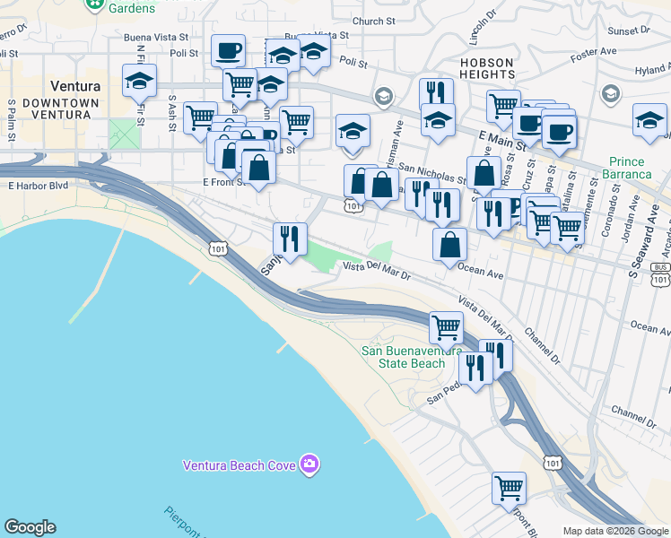 map of restaurants, bars, coffee shops, grocery stores, and more near Vista Del Mar Drive in Ventura