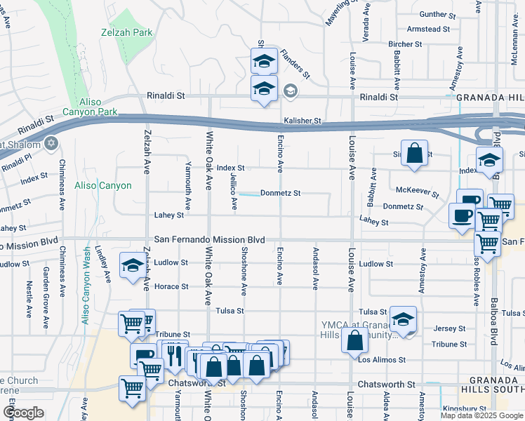 map of restaurants, bars, coffee shops, grocery stores, and more near 17531 Lahey Street in Los Angeles