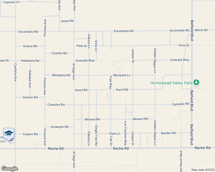 map of restaurants, bars, coffee shops, grocery stores, and more near 57124 Karol Road in Yucca Valley