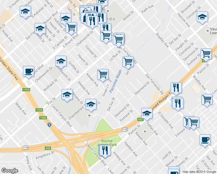 map of restaurants, bars, coffee shops, grocery stores, and more near 13954 West Ginger Lane in San Fernando
