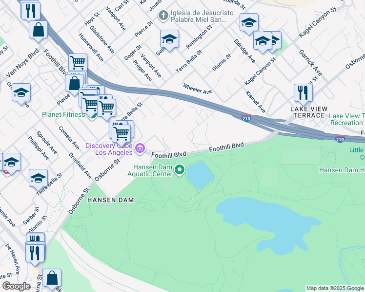 map of restaurants, bars, coffee shops, grocery stores, and more near 11800 Kagel Canyon Street in Los Angeles