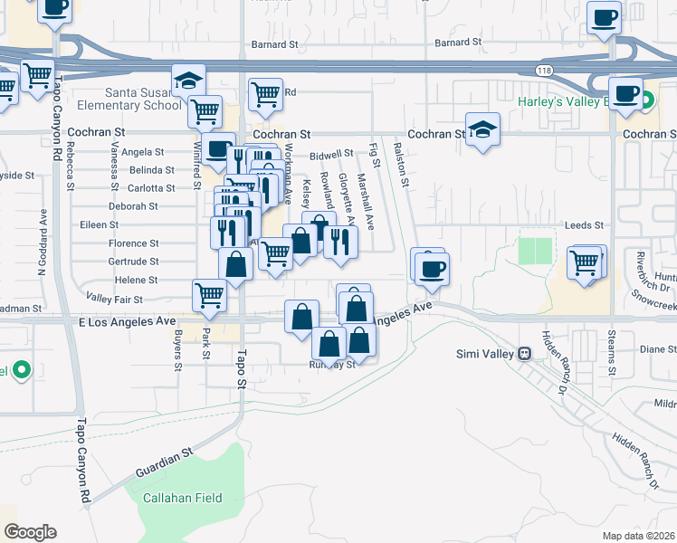 map of restaurants, bars, coffee shops, grocery stores, and more near 4615 Industrial Street in Simi Valley
