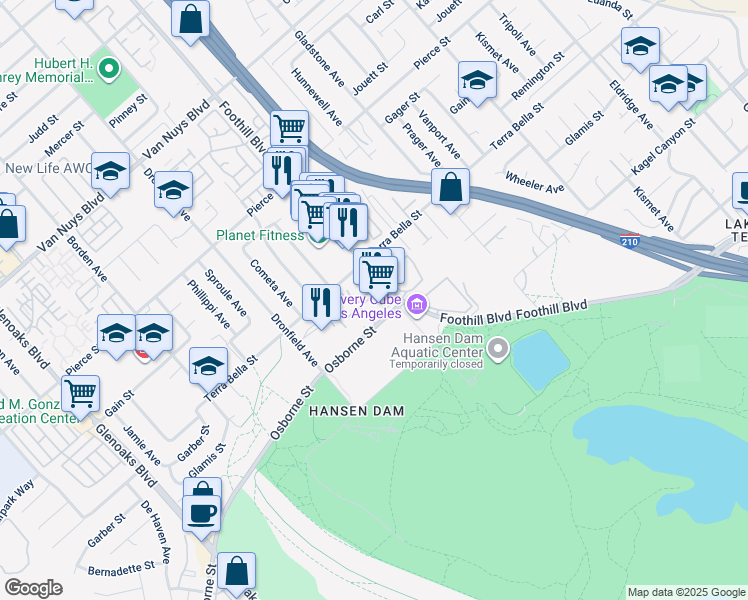 map of restaurants, bars, coffee shops, grocery stores, and more near 11840 Foothill Boulevard in Los Angeles