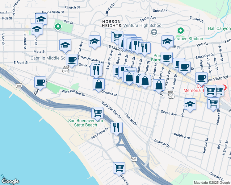 map of restaurants, bars, coffee shops, grocery stores, and more near 375 South Santa Cruz Street in Ventura