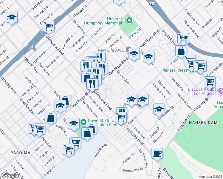 map of restaurants, bars, coffee shops, grocery stores, and more near 11150 Glenoaks Boulevard in Los Angeles