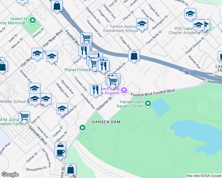 map of restaurants, bars, coffee shops, grocery stores, and more near 11850 Foothill Boulevard in Los Angeles