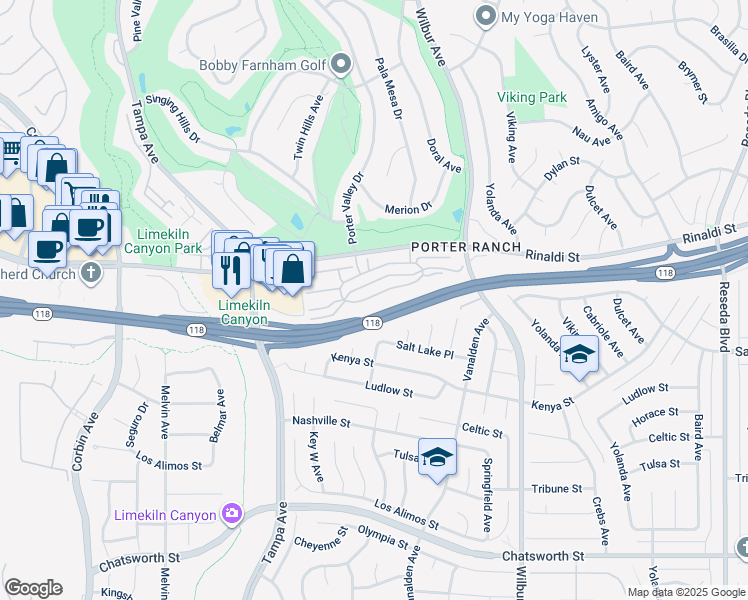 map of restaurants, bars, coffee shops, grocery stores, and more near 19168 Lahey Street in Los Angeles