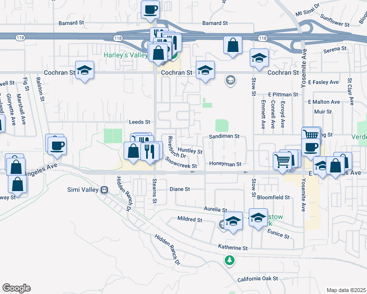 map of restaurants, bars, coffee shops, grocery stores, and more near 5305 Huntley Street in Simi Valley
