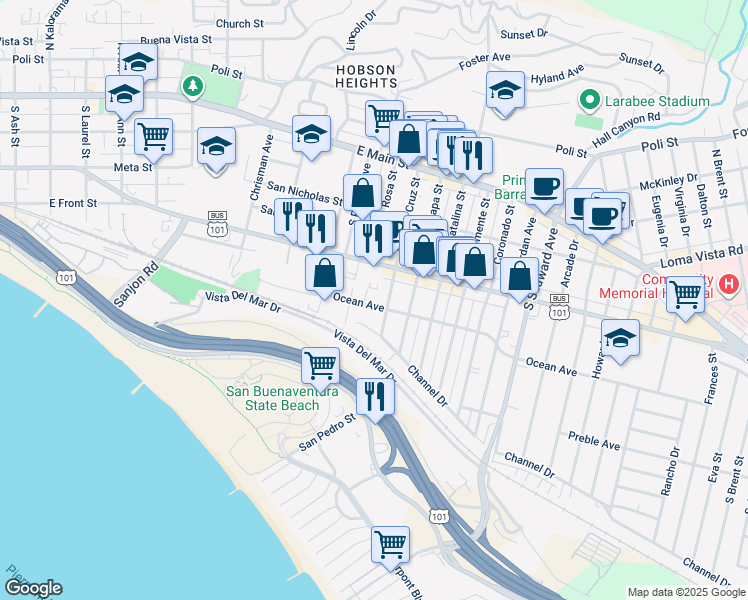 map of restaurants, bars, coffee shops, grocery stores, and more near 375 South Santa Cruz Street in Ventura