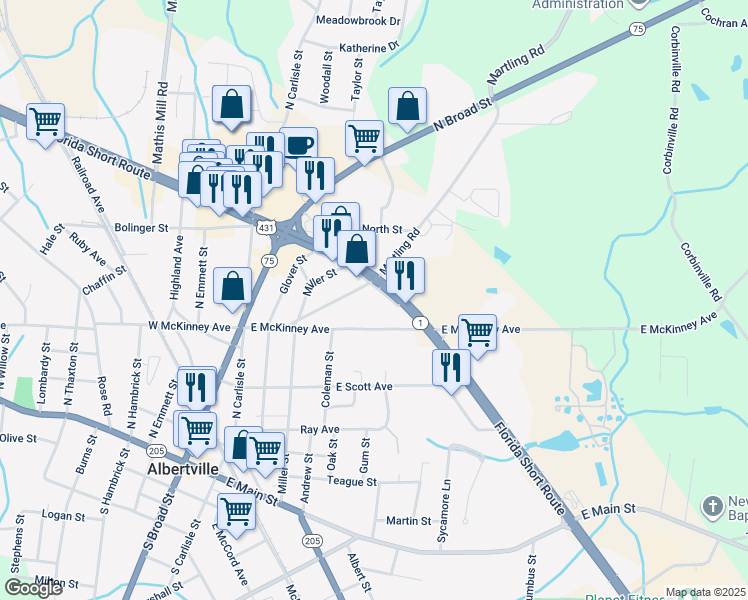 map of restaurants, bars, coffee shops, grocery stores, and more near 6921 U.S. 431 in Albertville