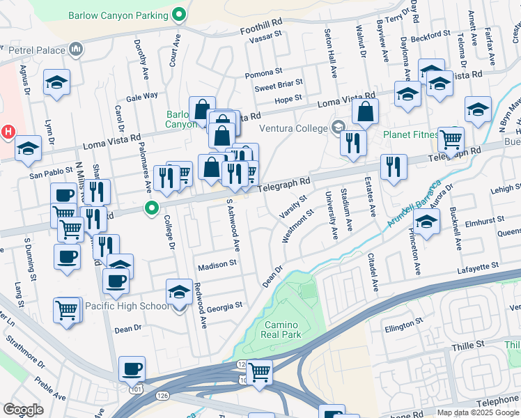 map of restaurants, bars, coffee shops, grocery stores, and more near 61 Baylor Drive in Ventura
