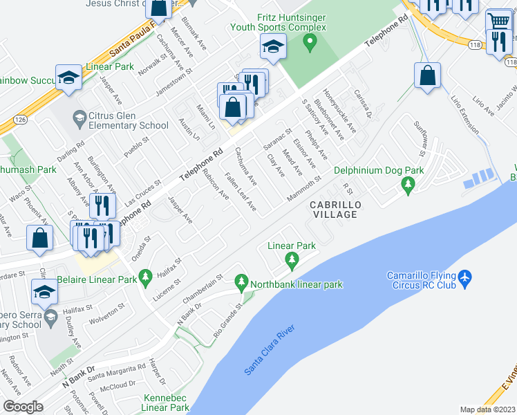 map of restaurants, bars, coffee shops, grocery stores, and more near 1414 Fallen Leaf Avenue in Ventura