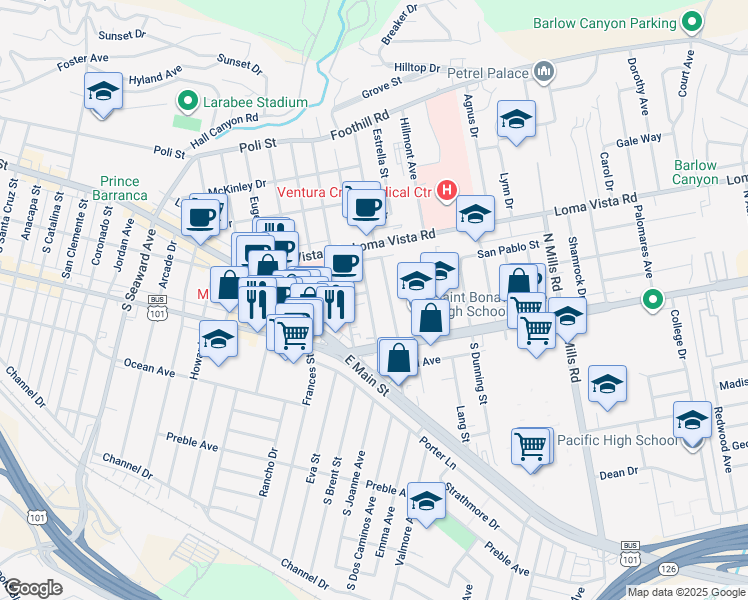 map of restaurants, bars, coffee shops, grocery stores, and more near 90 North Joanne Avenue in Ventura