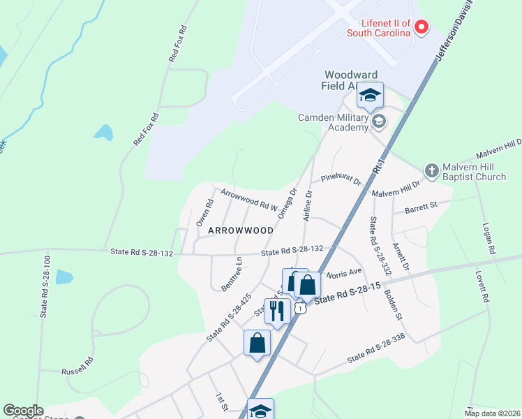 map of restaurants, bars, coffee shops, grocery stores, and more near 2126 Arrowwood Rd W in Camden