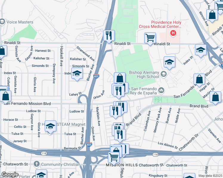 map of restaurants, bars, coffee shops, grocery stores, and more near 11155 Sepulveda Boulevard in Los Angeles
