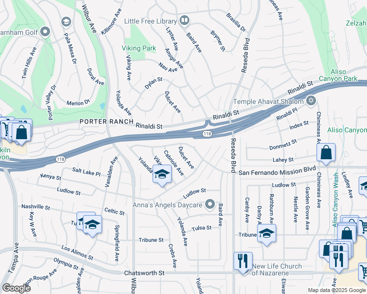 map of restaurants, bars, coffee shops, grocery stores, and more near 18670 San Fernando Mission Boulevard in Los Angeles