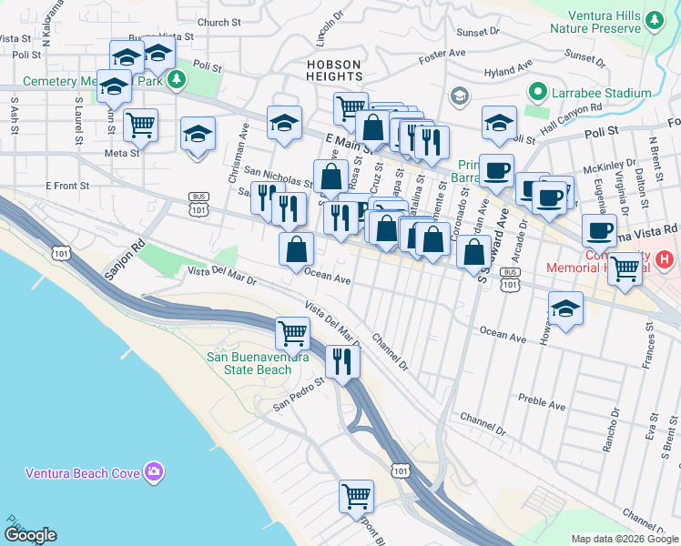 map of restaurants, bars, coffee shops, grocery stores, and more near 1903 Ocean Avenue in Ventura