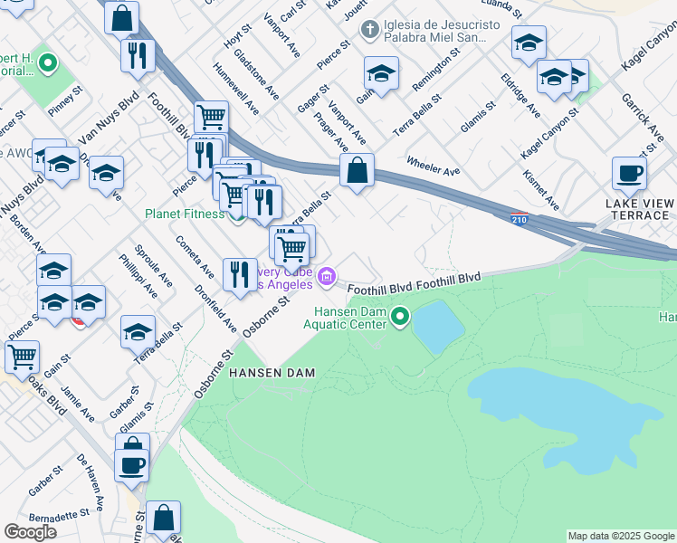 map of restaurants, bars, coffee shops, grocery stores, and more near 11777 Foothill Boulevard in Los Angeles