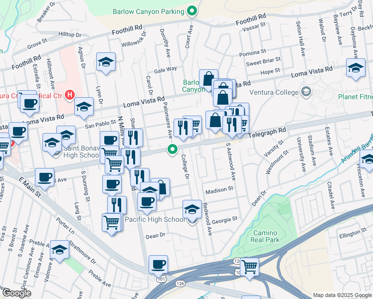 map of restaurants, bars, coffee shops, grocery stores, and more near 2 College Drive in Ventura