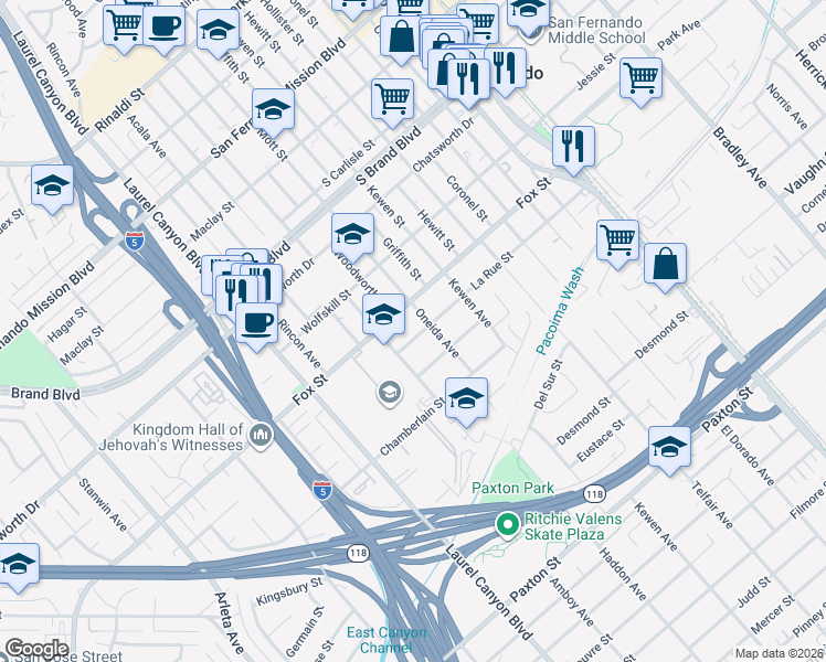map of restaurants, bars, coffee shops, grocery stores, and more near 14151 La Rue Street in San Fernando
