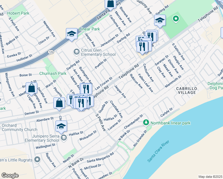 map of restaurants, bars, coffee shops, grocery stores, and more near 9725 Sweetwater Lane in Ventura