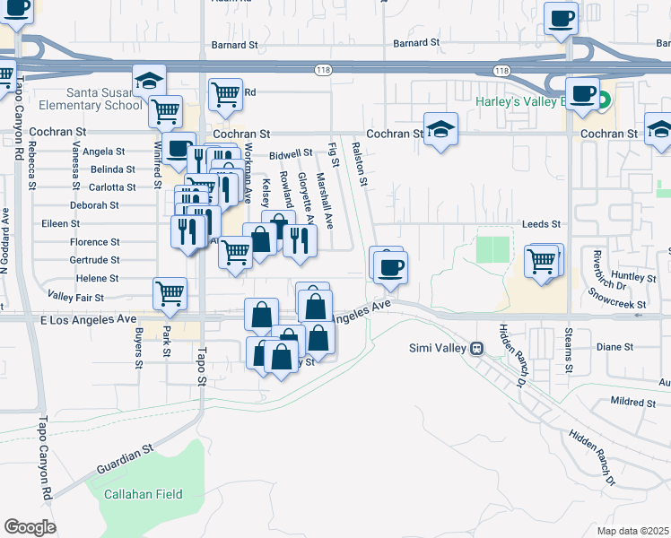 map of restaurants, bars, coffee shops, grocery stores, and more near 4685 Industrial Street in Simi Valley