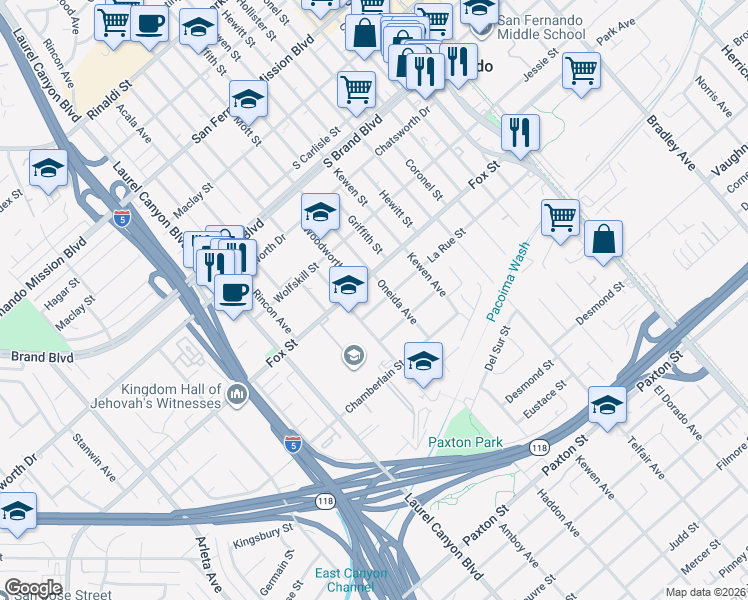 map of restaurants, bars, coffee shops, grocery stores, and more near 14140 La Rue Street in San Fernando