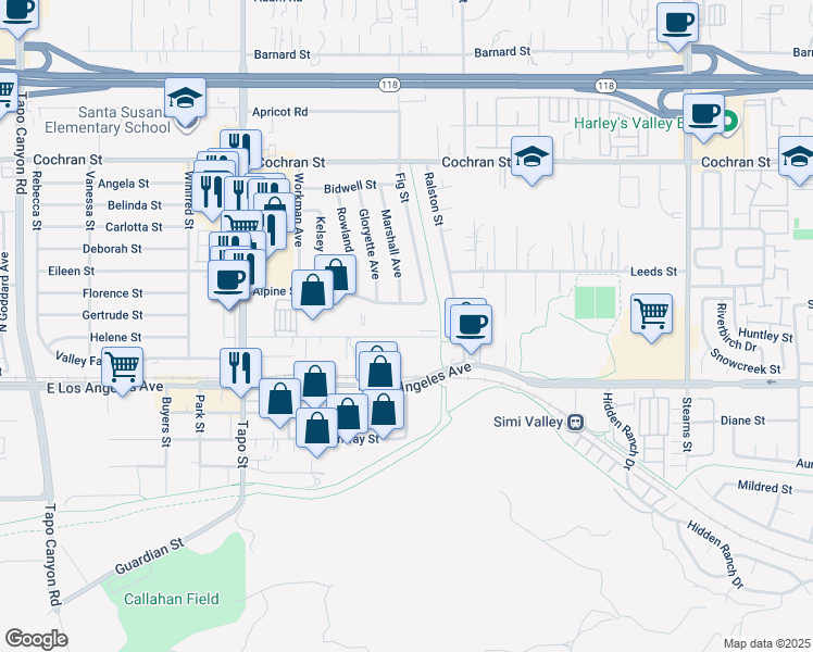 map of restaurants, bars, coffee shops, grocery stores, and more near 4685 Industrial Street in Simi Valley