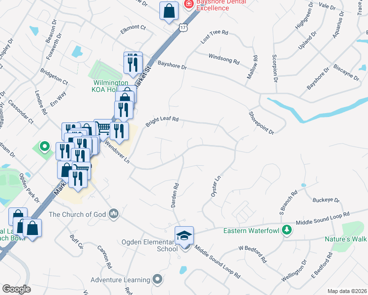 map of restaurants, bars, coffee shops, grocery stores, and more near 7301 Wendover Lane in Wilmington