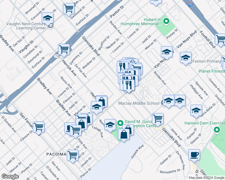 map of restaurants, bars, coffee shops, grocery stores, and more near 11184 De Garmo Avenue in Los Angeles