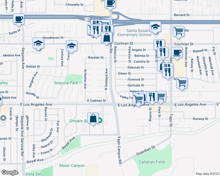 map of restaurants, bars, coffee shops, grocery stores, and more near 2079 Rebecca Street in Simi Valley