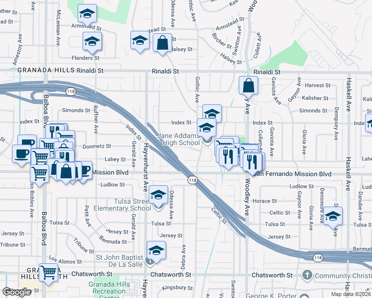 map of restaurants, bars, coffee shops, grocery stores, and more near 16440 Donmetz Street in Los Angeles