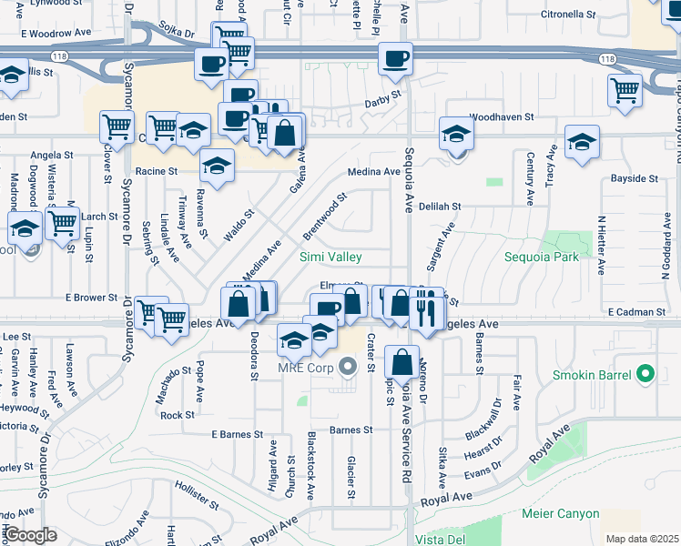 map of restaurants, bars, coffee shops, grocery stores, and more near 3233 Elmore Street in Simi Valley