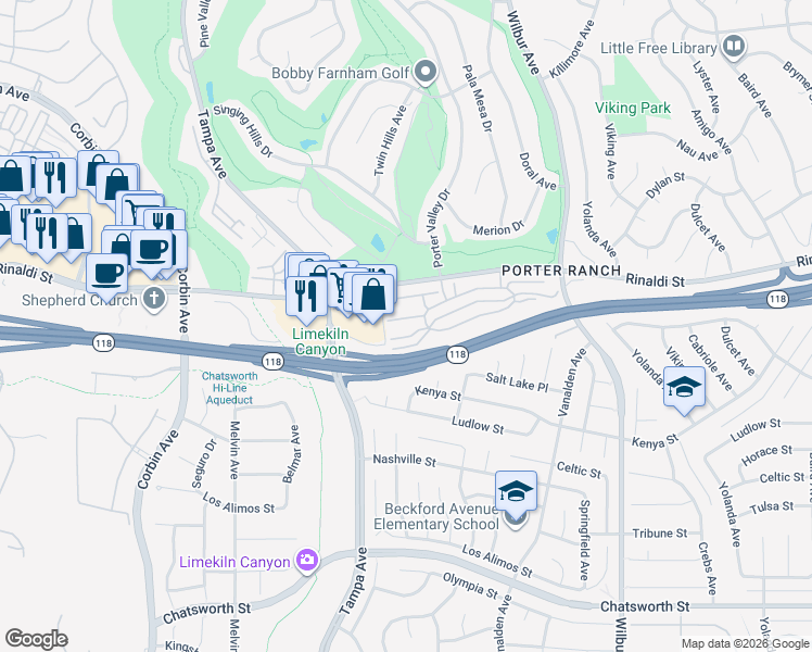 map of restaurants, bars, coffee shops, grocery stores, and more near 19233 Index Street in Los Angeles