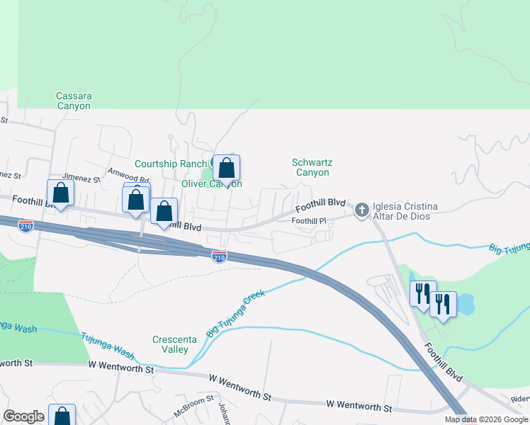map of restaurants, bars, coffee shops, grocery stores, and more near Foothill Boulevard in Los Angeles