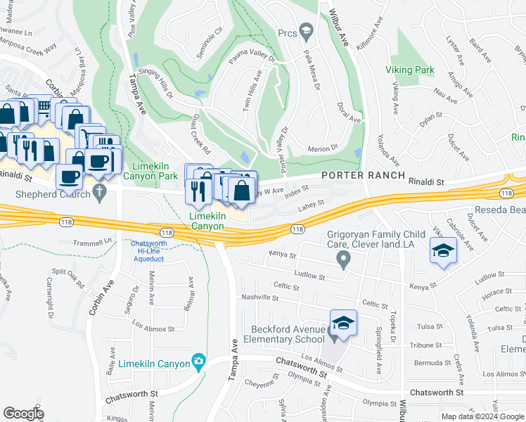 map of restaurants, bars, coffee shops, grocery stores, and more near 19233 Index Street in Los Angeles