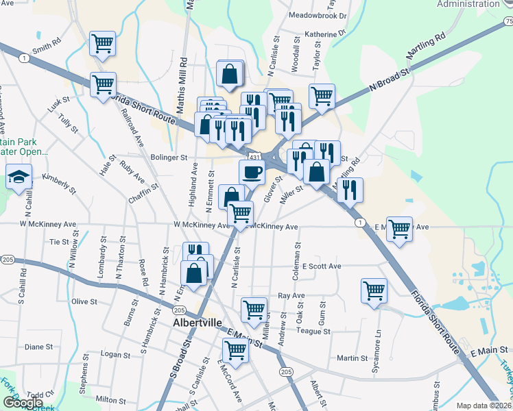 map of restaurants, bars, coffee shops, grocery stores, and more near 407 North Broad Street in Albertville