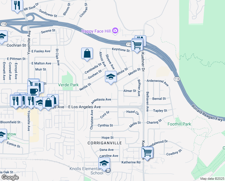 map of restaurants, bars, coffee shops, grocery stores, and more near 2098 Finch Ct in Simi Valley