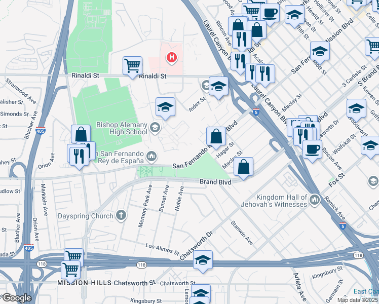 map of restaurants, bars, coffee shops, grocery stores, and more near 14933 San Fernando Mission Boulevard in Los Angeles