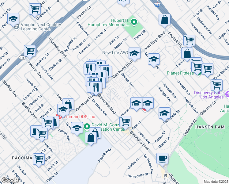 map of restaurants, bars, coffee shops, grocery stores, and more near 11150 Glenoaks Boulevard in Los Angeles