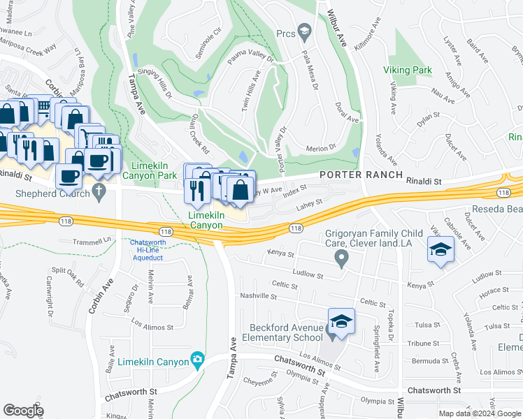 map of restaurants, bars, coffee shops, grocery stores, and more near 19233 Index Street in Los Angeles