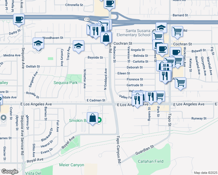 map of restaurants, bars, coffee shops, grocery stores, and more near 2079 Rebecca Street in Simi Valley