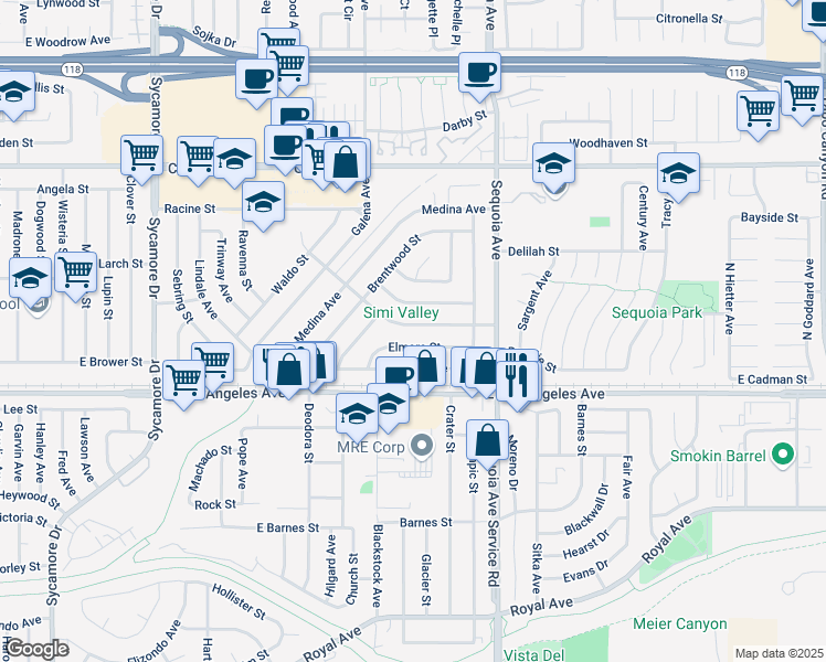 map of restaurants, bars, coffee shops, grocery stores, and more near 3233 Elmore Street in Simi Valley