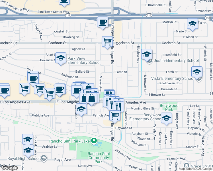 map of restaurants, bars, coffee shops, grocery stores, and more near 1835 Hillary Court in Simi Valley