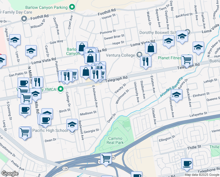 map of restaurants, bars, coffee shops, grocery stores, and more near 85 Baylor Drive in Ventura