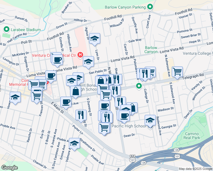 map of restaurants, bars, coffee shops, grocery stores, and more near 3453 Telegraph Road in Ventura
